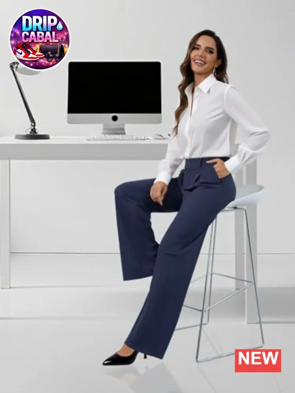 Women's Wide Leg Work Pants Elastic Waist Stretchy Palazzos with Pockets